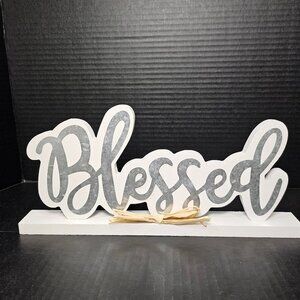 Hobby Lobby White Wood and Galvanized Blessed Script Lettering Tabletop Sign Wit